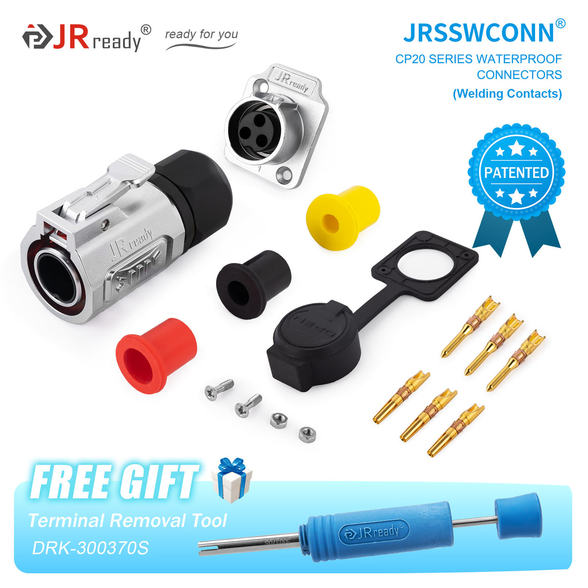 Connettori impermeabili JRready JRSSW serie CP20 con 2 fori di montaggio, 2 pin / 3 pin / 4 pin, tipo di saldatura, spina e presa in metallo / plastica 