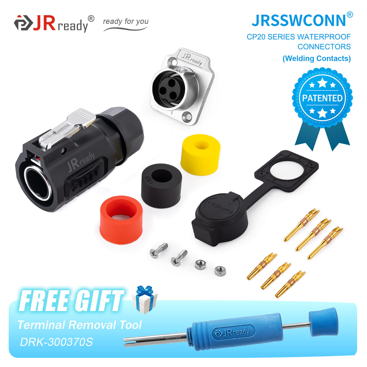 Connettori impermeabili JRready JRSSW serie CP20 con 2 fori di montaggio, 2 pin / 3 pin / 4 pin, tipo di saldatura, spina e presa in metallo / plastica 