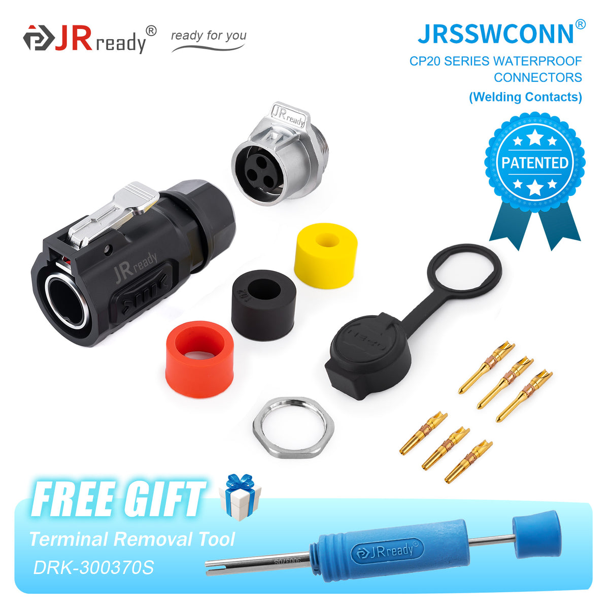 Connettori impermeabili JRready JRSSW serie CP20 con 1 foro di montaggio, 2 pin / 3 pin / 4 pin, tipo di saldatura, spina e presa in metallo / plastica 
