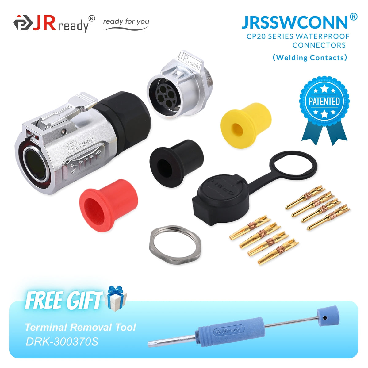 Connettori impermeabili JRready JRSSW serie CP20 con 1 foro di montaggio, 2 pin / 3 pin / 4 pin, tipo di saldatura, spina e presa in metallo / plastica 