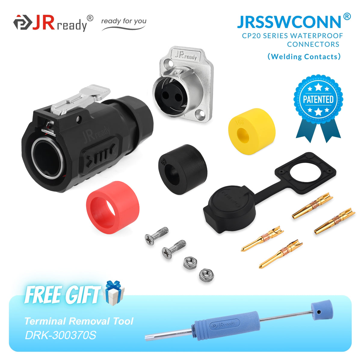 Connettori impermeabili JRready JRSSW serie CP20 con 2 fori di montaggio, 2 pin / 3 pin / 4 pin, tipo di saldatura, spina e presa in metallo / plastica 