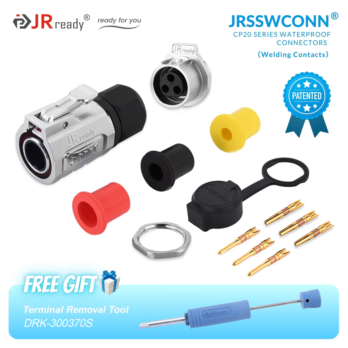Connettori impermeabili JRready JRSSW serie CP20 con 1 foro di montaggio, 2 pin / 3 pin / 4 pin, tipo di saldatura, spina e presa in metallo / plastica 