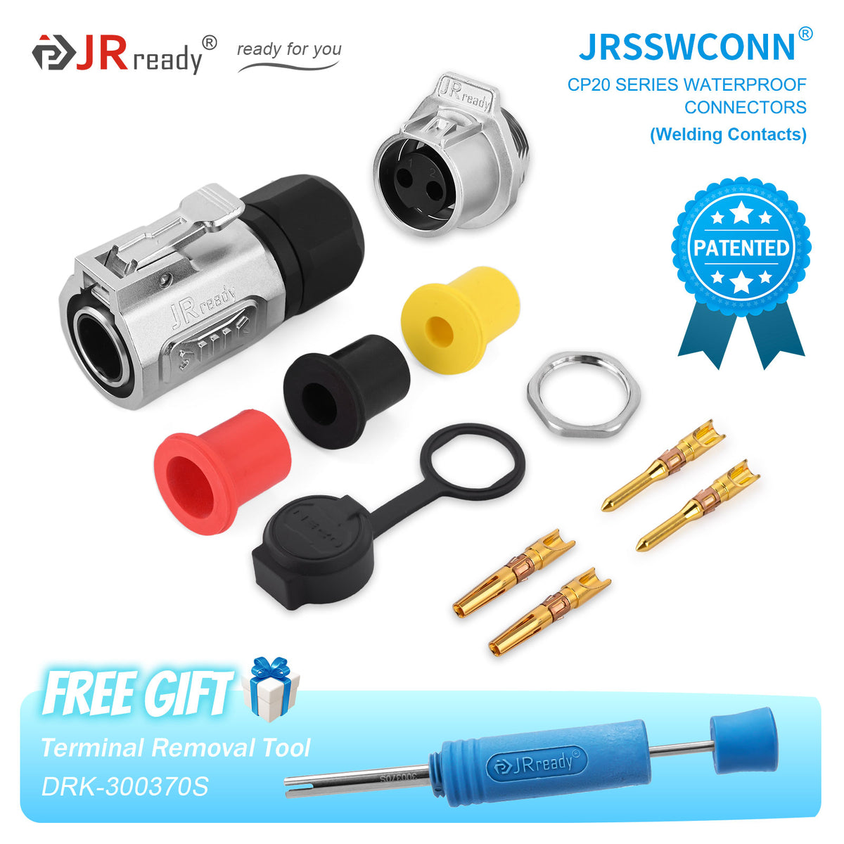 Connettori impermeabili JRready JRSSW serie CP20 con 1 foro di montaggio, 2 pin / 3 pin / 4 pin, tipo di saldatura, spina e presa in metallo / plastica 