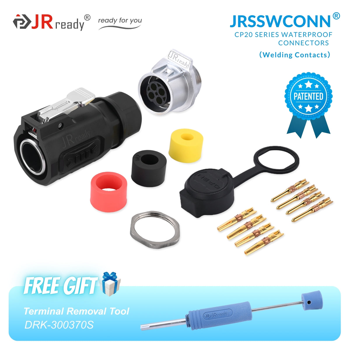 Connettori impermeabili JRready JRSSW serie CP20 con 1 foro di montaggio, 2 pin / 3 pin / 4 pin, tipo di saldatura, spina e presa in metallo / plastica 