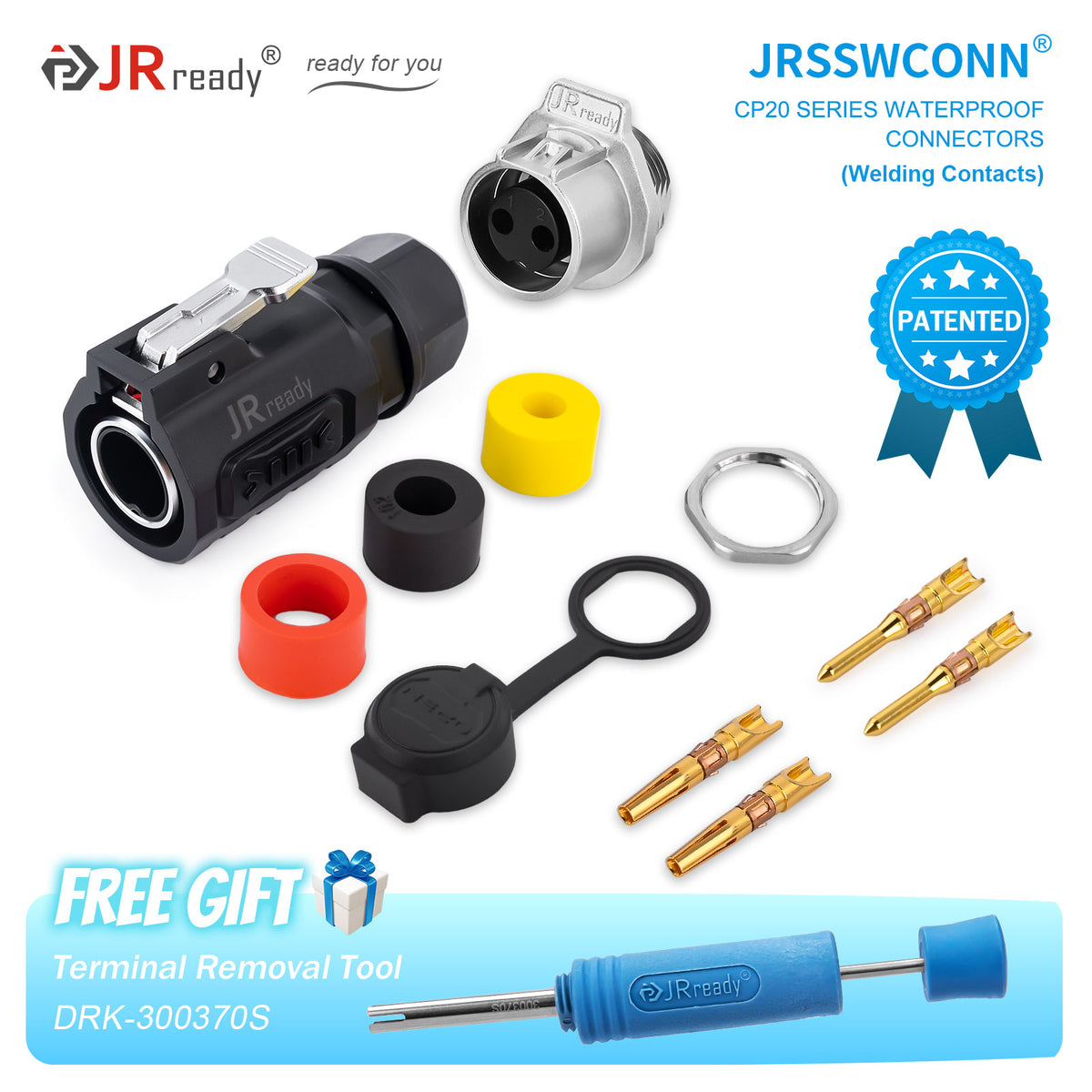 Connettori impermeabili JRready JRSSW serie CP20 con 1 foro di montaggio, 2 pin / 3 pin / 4 pin, tipo di saldatura, spina e presa in metallo / plastica 