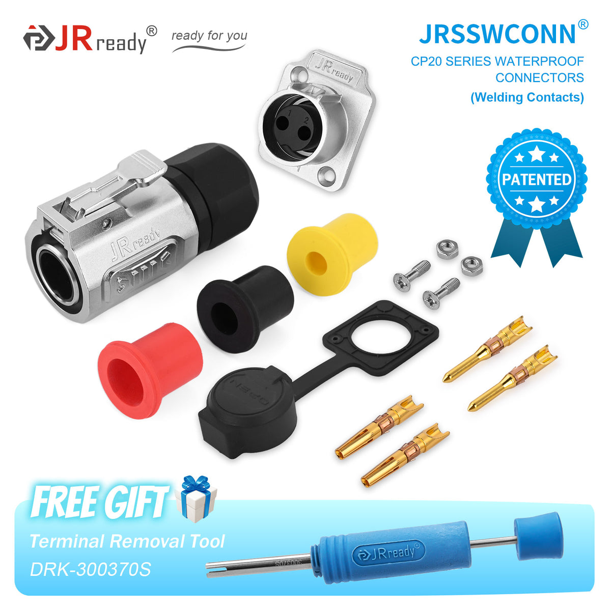 Connettori impermeabili JRready JRSSW serie CP20 con 2 fori di montaggio, 2 pin / 3 pin / 4 pin, tipo di saldatura, spina e presa in metallo / plastica 