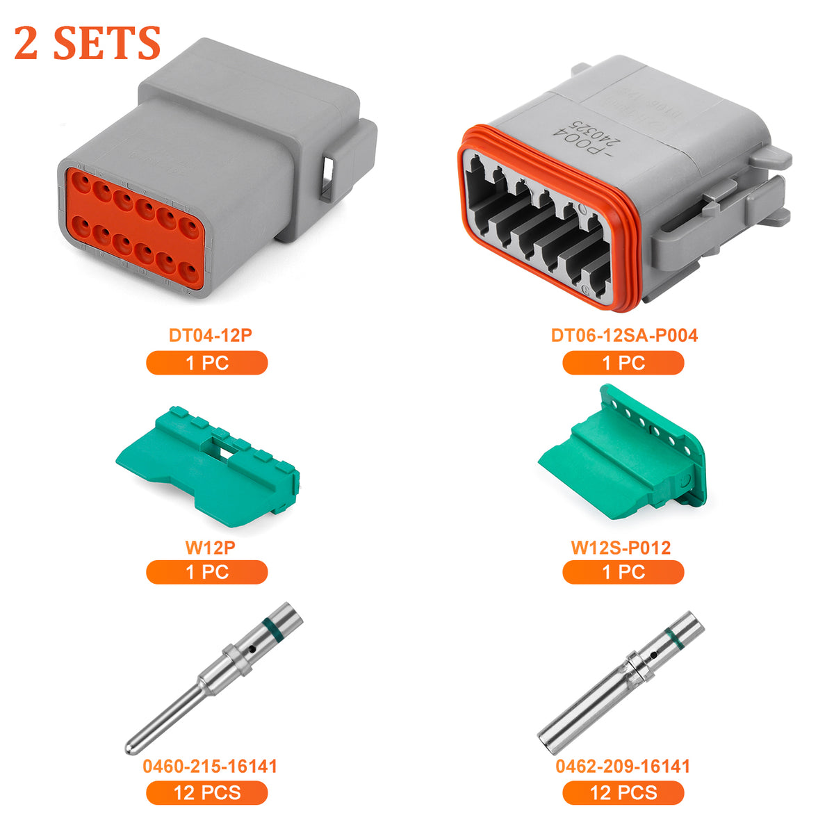 JRready Deutsch DT Waterproof Connector Kit 2/3/4/6/8/12 Pin with #16 Solid Contacts, 14-20 AWG - Heavy-Duty Marine & Transportation