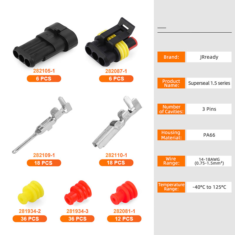 JRready Superseal 1.5 Series 3-Pin Waterproof Electrical Connectors Kit (6 Sets) in Crankshaft Position Sensor Harnesses