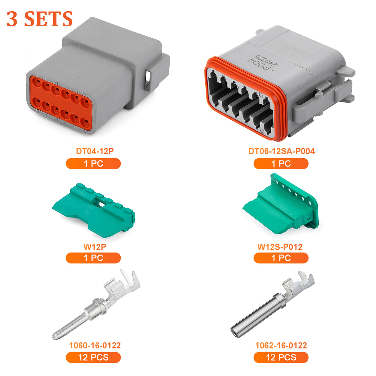 JRREADY 2-12 Pin Deutsch DT connector kit with #16 stamped contacts for waterproof automotive and truck wiring, 14-20 AWG.