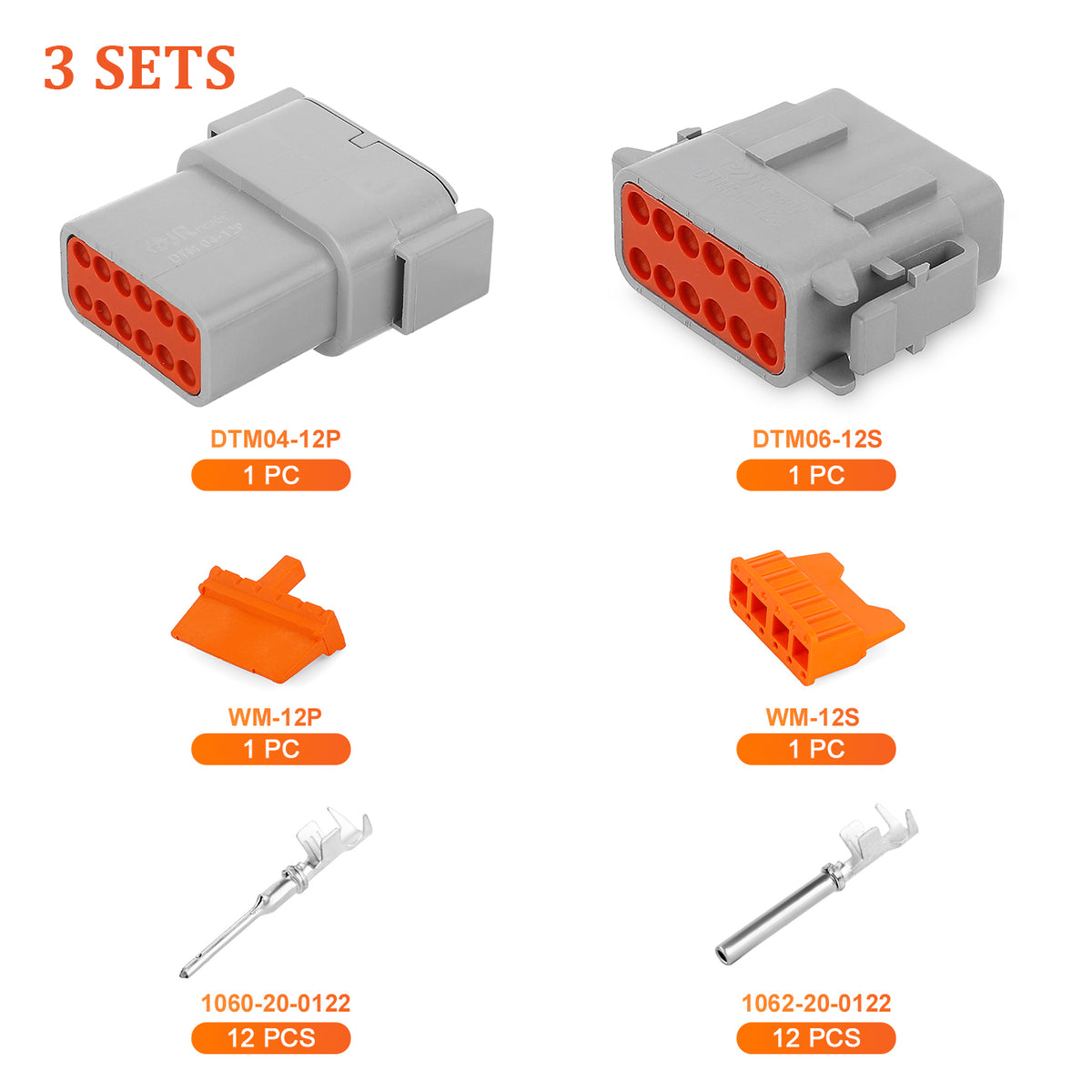JRready 12-pin Deutsch DTM connector kit with #20 stamped contacts for waterproof marine, truck, motorcycle, and agricultural use
