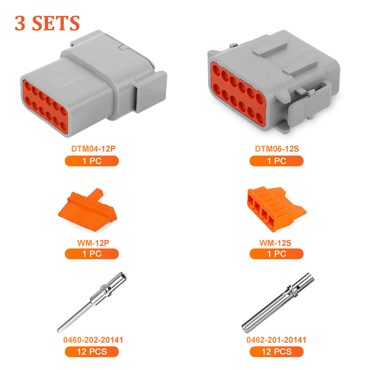 JRready 12-pin Deutsch DTM connector kit with #20 solid contacts for waterproof marine, truck, motorcycle, and agricultural applications.