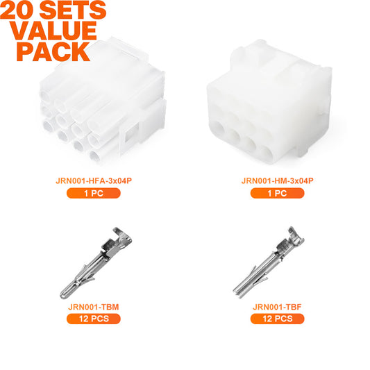 JRready MOLEX Connector JRN001 12 Pin (20Matched Sets), 2.13mm Diameter Sockets 14-20 AWG, Compatible with Molex MLX Power Connector, 6.35mm Pitch, Free Hanging(20 sets）