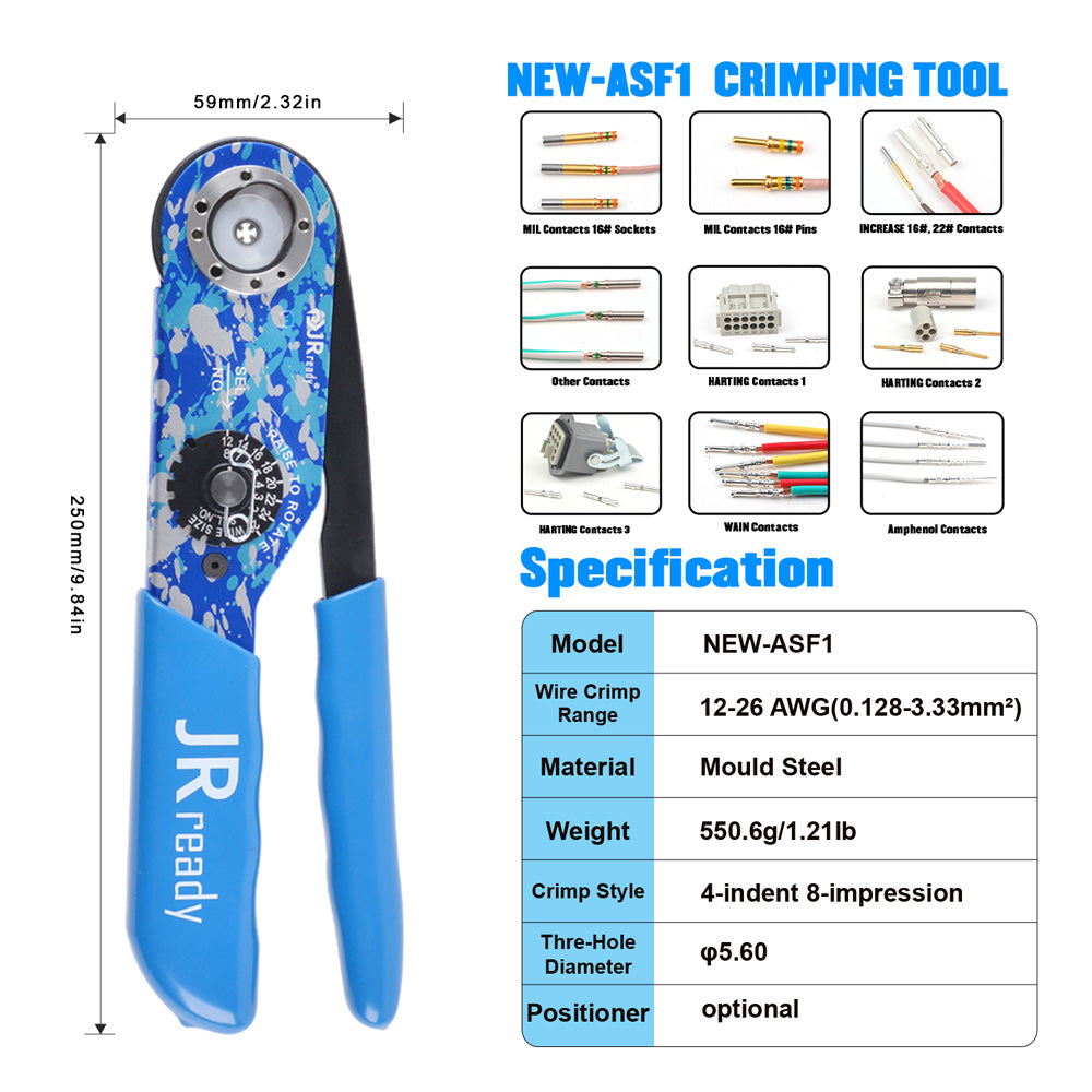 JRready ST2147 KIT: NEW-ASF1 (M22520/1-01) Crimper 12-26 AWG & M22520/1-02 M22520/1-03 M22520/1-04 Turret Head & UF6-UF2-5 M22520/1-05 Positioner & G125 M22520/3-1 Gage