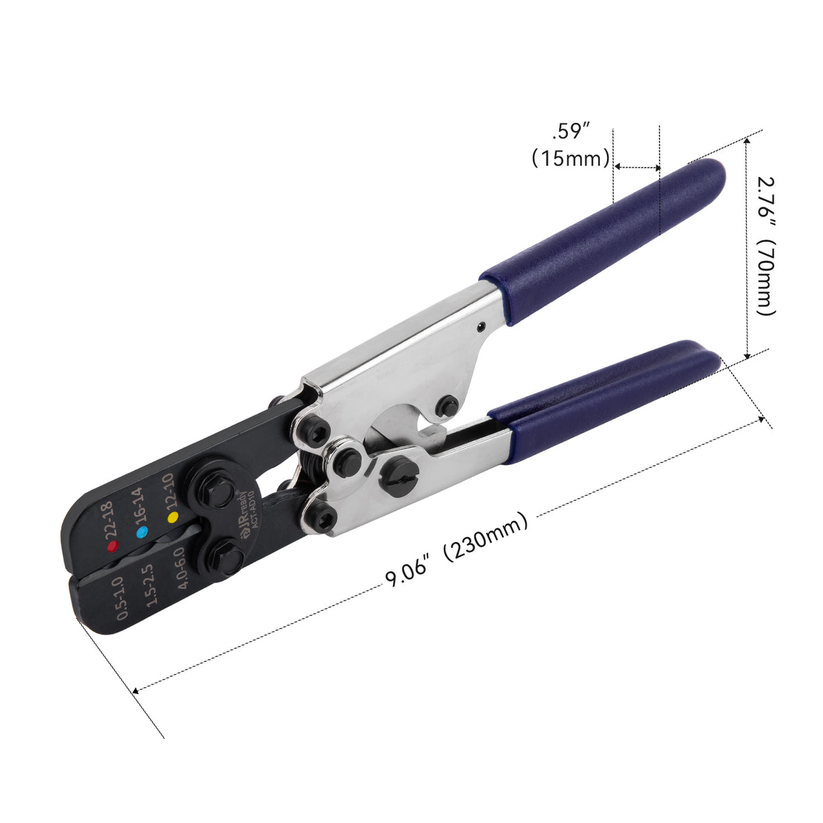 JRready ACT-AD10 Ratschen-Crimpzange für Schrumpfverbinder, isolierte Kabelschuhe und Stoßverbinder in Drähten der Querschnitte 22-18, 16-14, 12-10 AWG