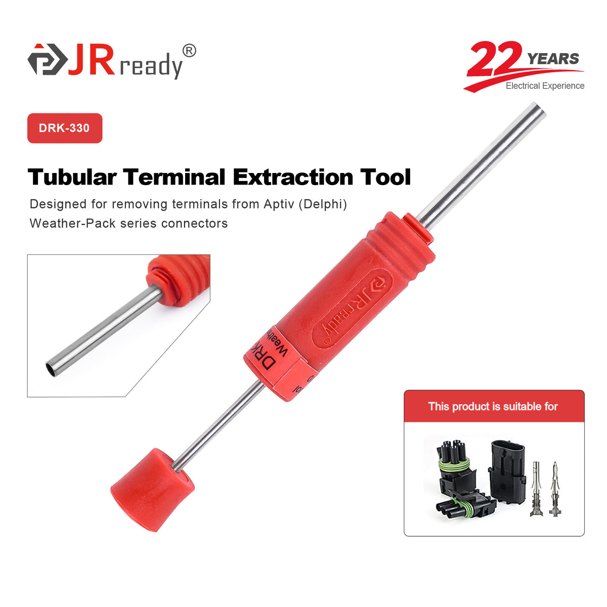 JRready DRK-330 Tubular Terminal Extraction Tool for Aptiv Delphi Weather-Pack Series Connectors, covering Automotive Engine Bay & Body Electrical Wiring Repair