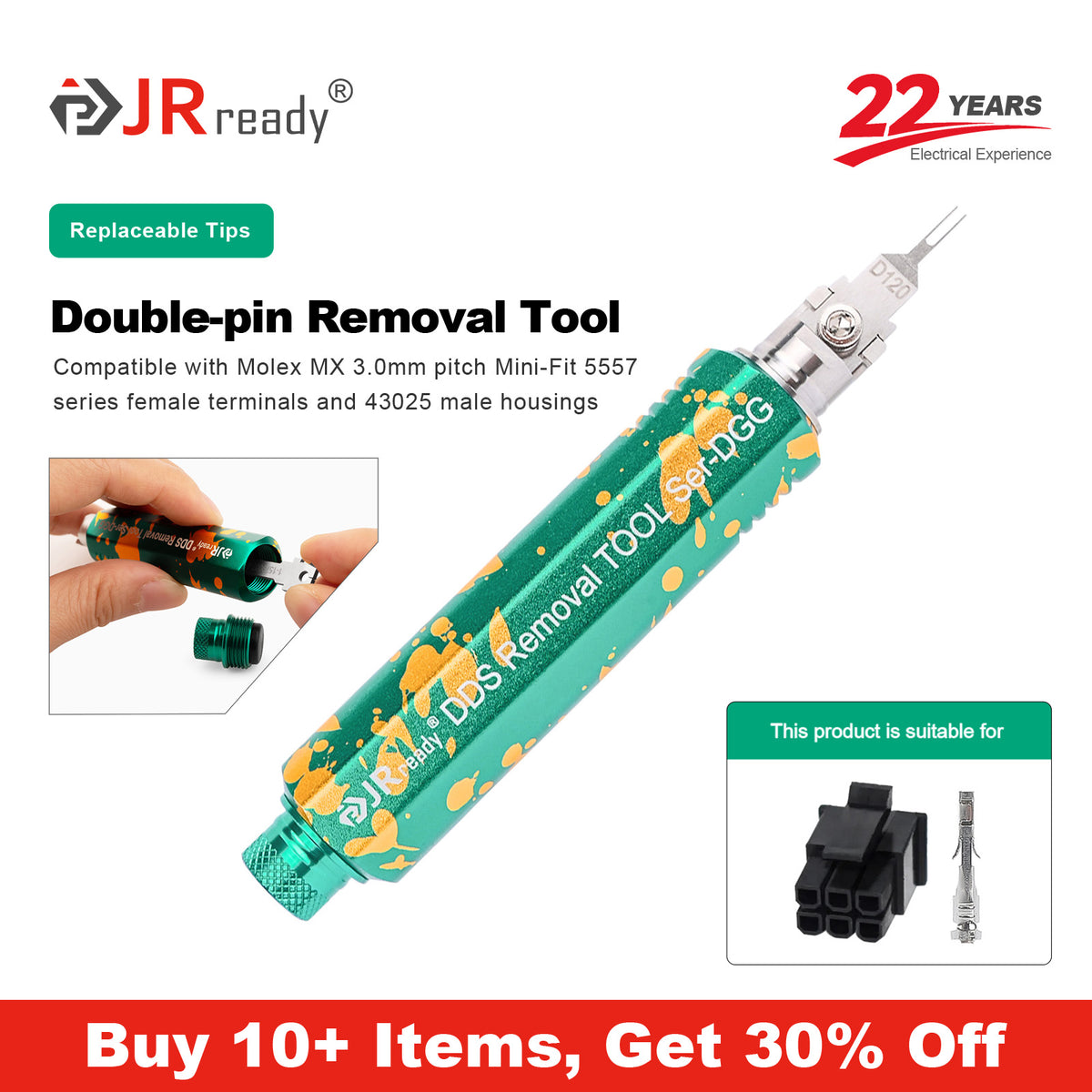 JRready JRDDS-D120-01/ JRDDS-D120-07 Dual-Pin Terminal Extraction Tool for Molex MX 3.0mm pitch 5557 series female terminals (housing 43025)