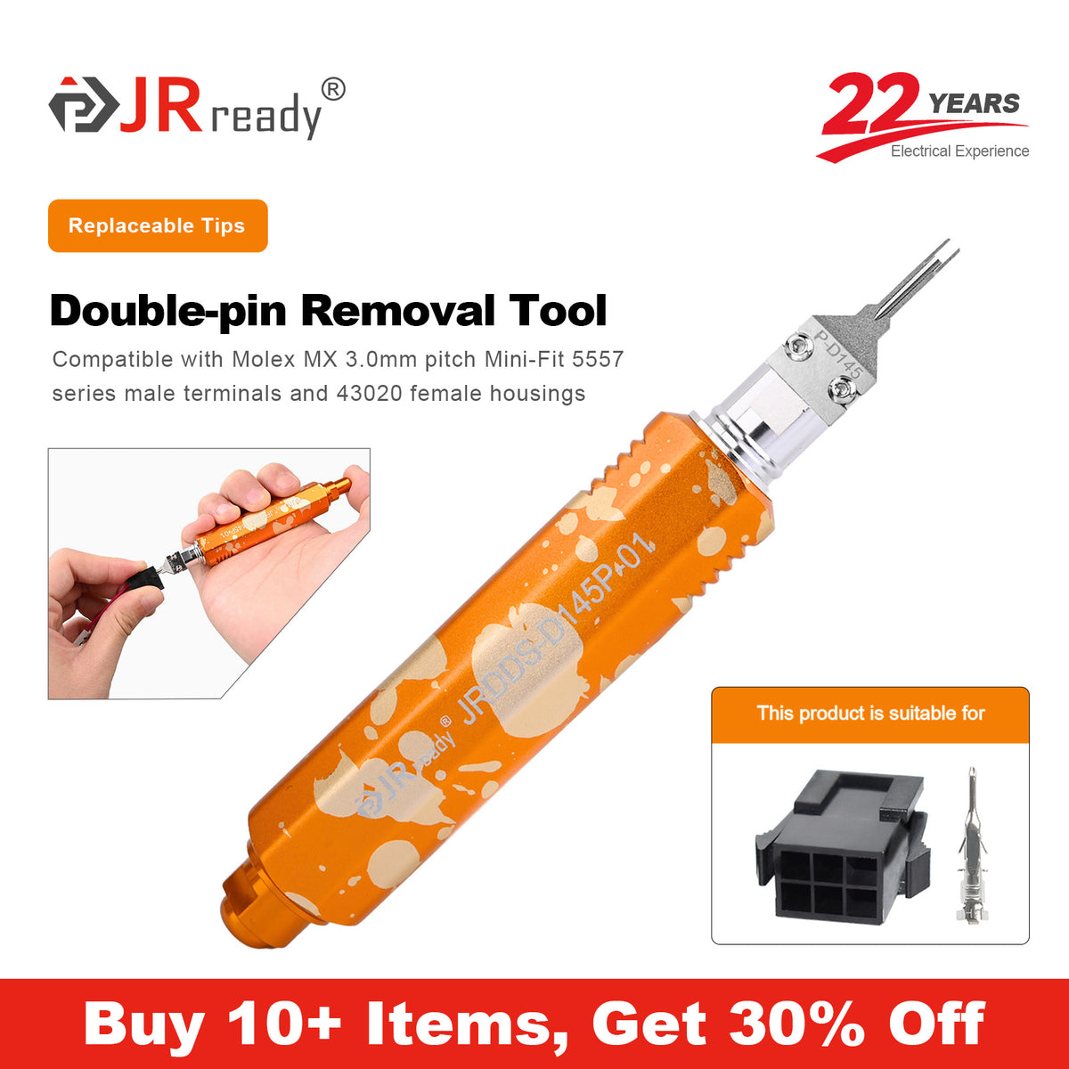 JRready JRDDS-D145P-01/ JRDDS-D145P-13/JRDDS-D145PRO-01 Dual-Pin Terminal Extraction Tool for Molex MX3.0mm Pitch 5557 Series Male Terminals &amp; 43020 Female Housing