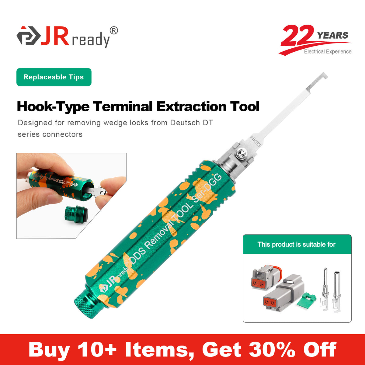JRready JRDDS-HK03-01/ JRDDS-HK03-07 Hook-Type Terminal Extraction Tool for extraction of wedge locks of Deutsch DT series connectors