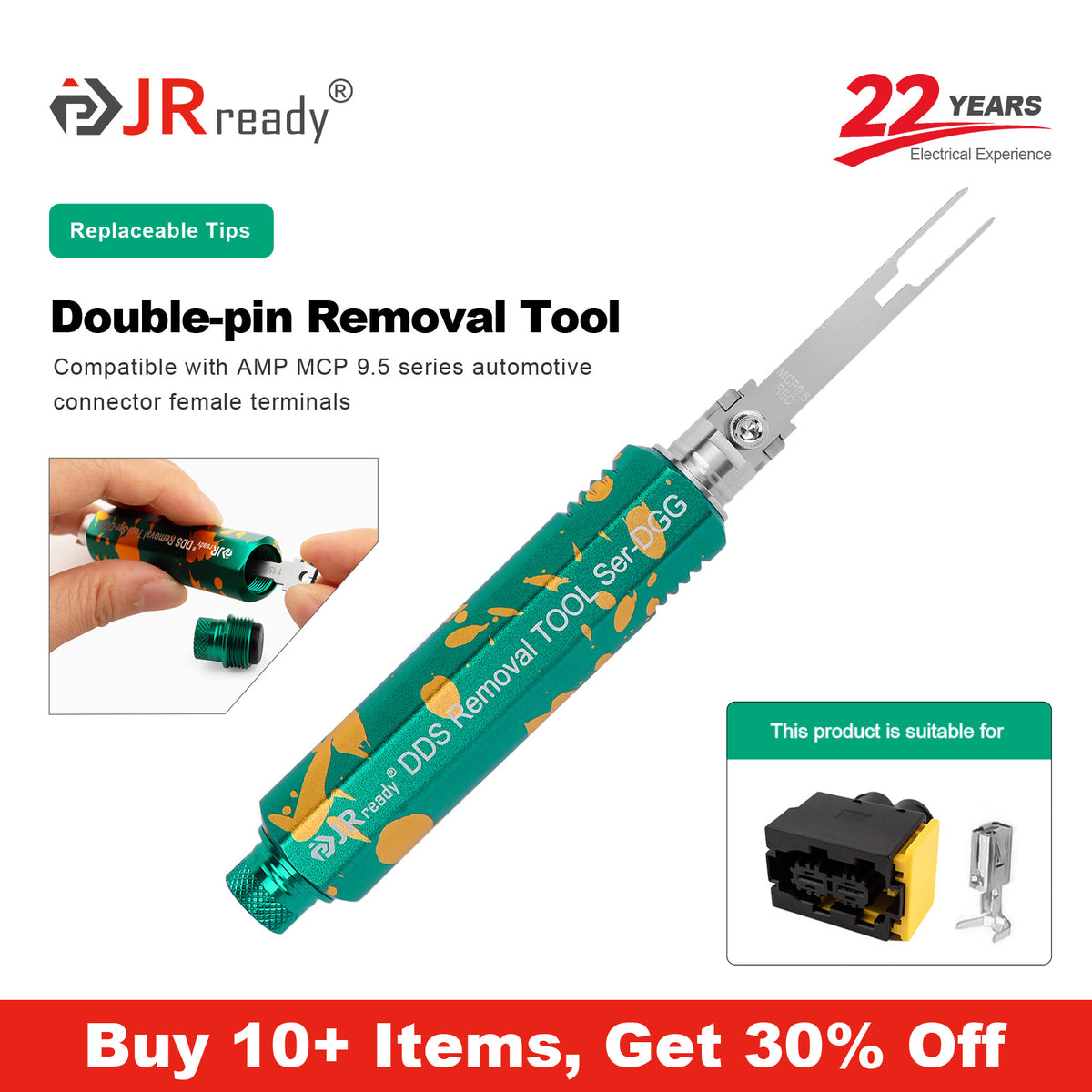 JRready JRDDS-MCP9.5REC-01/ JRDDS-MCP9.5REC-07 Dual-Pin Terminal Extraction Tool for female terminals of AMP MCP 9.5 series automotive connectors