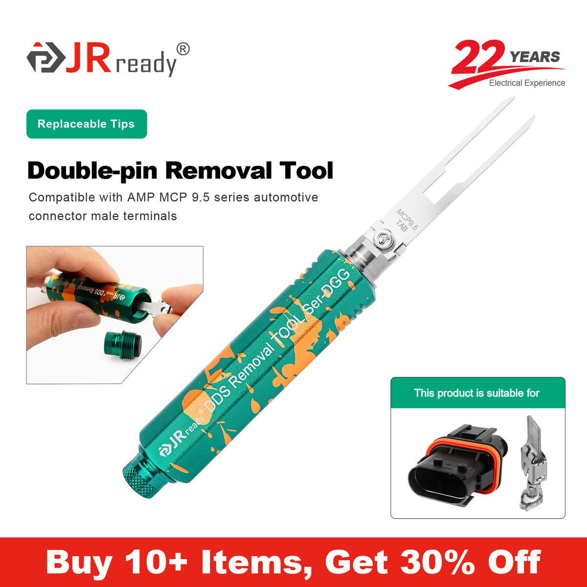 JRready JRDDS-MCP9.5TAB-01/ JRDDS-MCP9.5TAB-07 Dual-Pin Terminal Extraction Tool for male terminals of AMP MCP 9.5 series automotive connectors