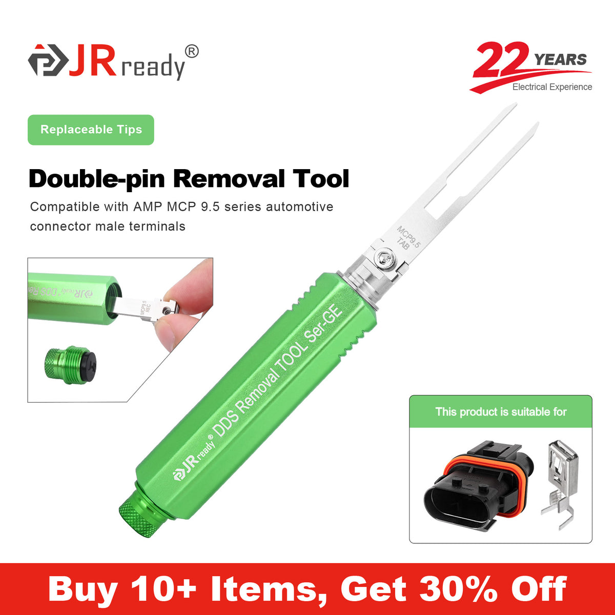 JRready JRDDS-MCP9.5TAB-01/ JRDDS-MCP9.5TAB-07 Dual-Pin Terminal Extraction Tool for male terminals of AMP MCP 9.5 series automotive connectors