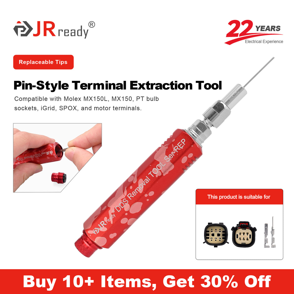 JRready JRDDS-MX150-01/ JRDDS-MX150-03 Extraction Tool For Molex MX150L, MX150, PT bulb sockets, iGrid, SPOX, and motor terminal blocks