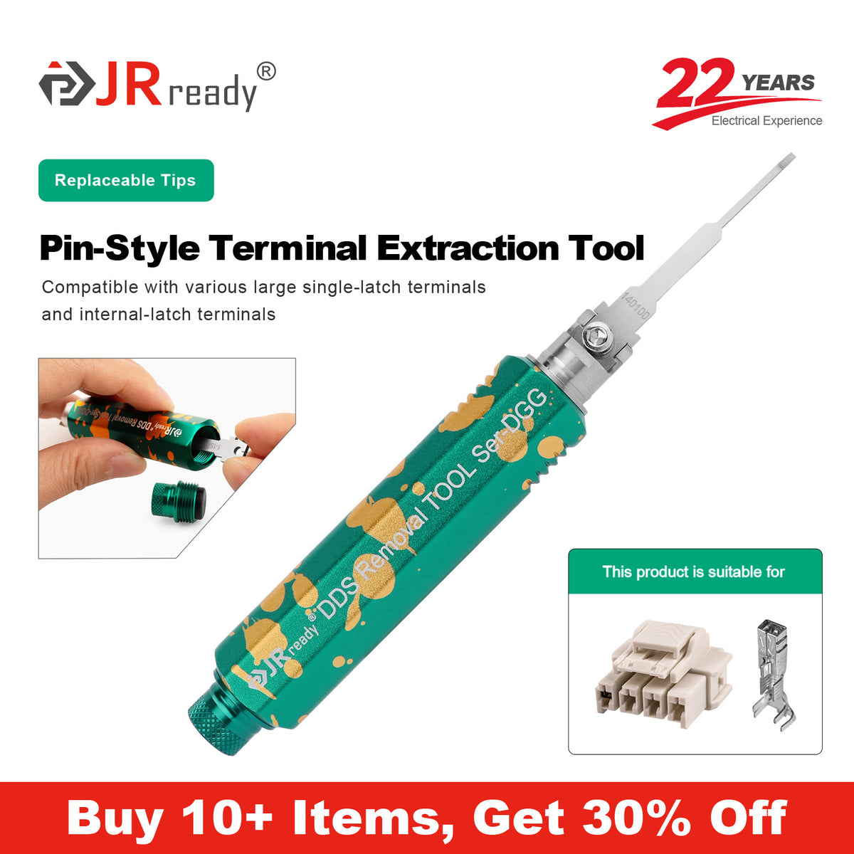 JRready JRDDS-N140100-01/ JRDDS-N140100-07 Single-Pin Terminal Extraction Tool for various large single-spring terminals or internal spring terminals
