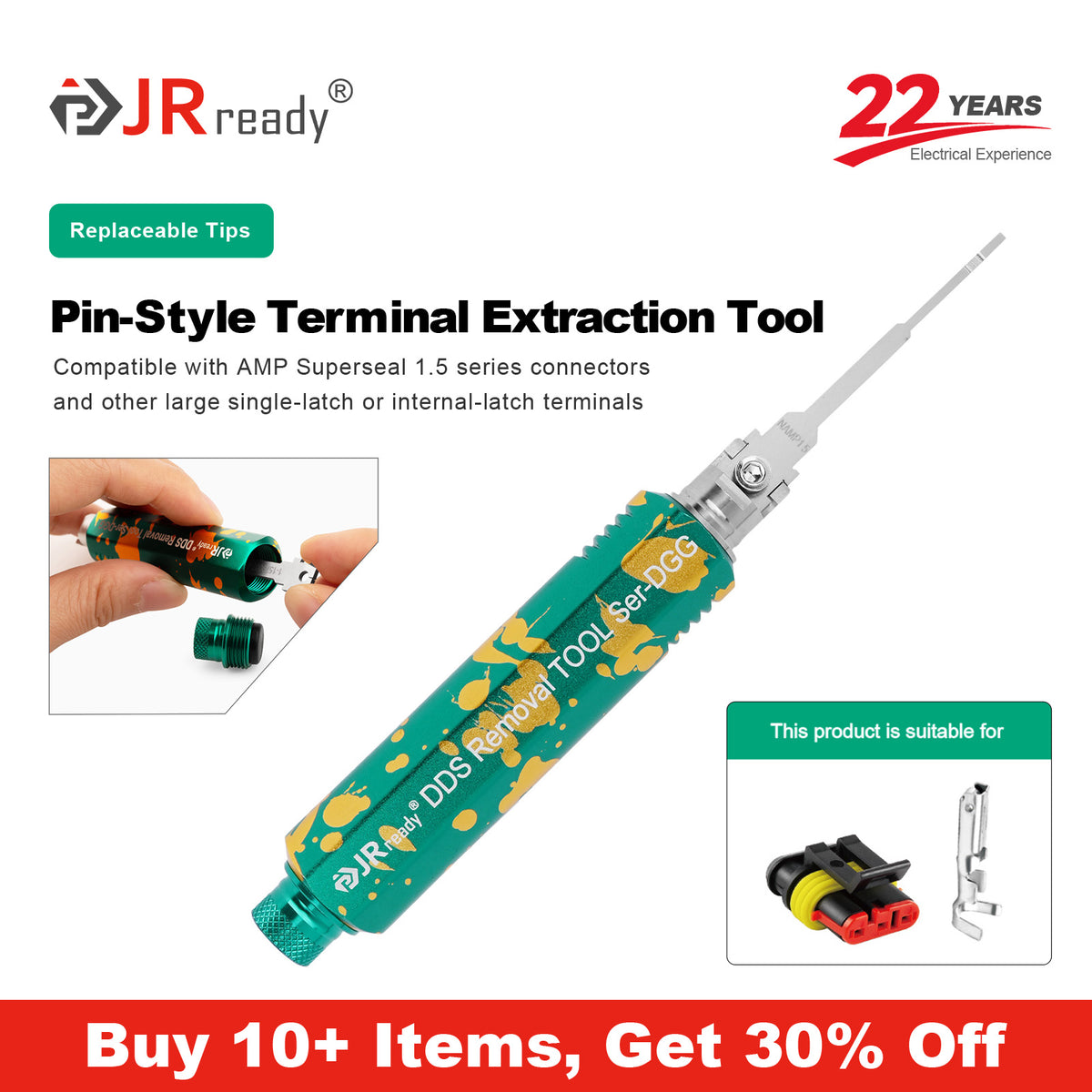 JRready JRDDS-NAMP1.5-01/ JRDDS-NAMP1.5-07 Single-Pin Terminal Extraction Tool for AMP Superseal 1.5 series and other large single-spring terminals or internal spring terminals