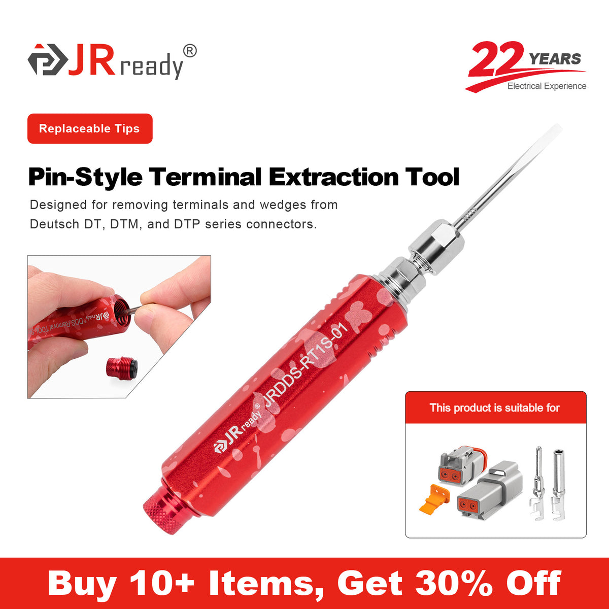 JRready JRDDS-RT1S-01/ JRDDS-RT1S-03 Pin-Style Terminal Extraction Tool for extraction of terminals & wedge locks of Deutsch DT, DTM, DTP Series Connectors