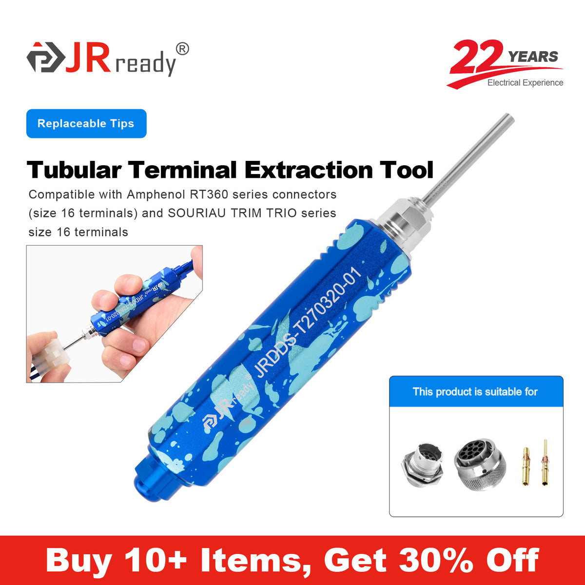 JRready JRDDS-T270320-01/ JRDDS-T270320-04 Tubular Terminal Extraction Tool for Amphenol RT360 Series Connectors (16# Terminals) and SOURIAU TRIM TRIO Series (16# Terminals)