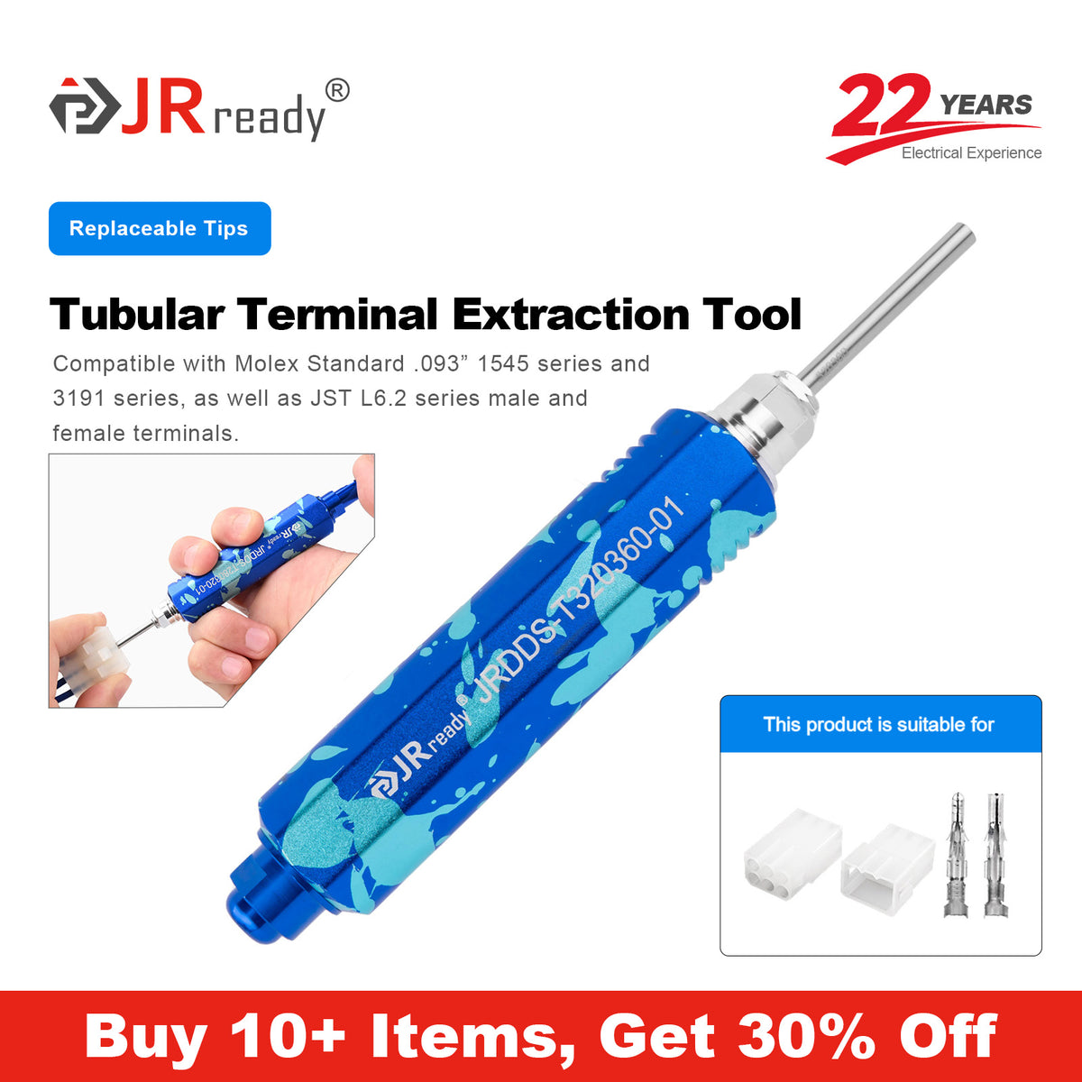 JRready JRDDS-T320360-01/ JRDDS-T320360-04 Tubular Terminal Extraction Tool for Molex Standard .093" 1545 Series, 3191 Series; JST L6.2 Series Male/Female Terminals; and China-Made Tamiya Standard (C6201 & C6202) Male/Female Terminals