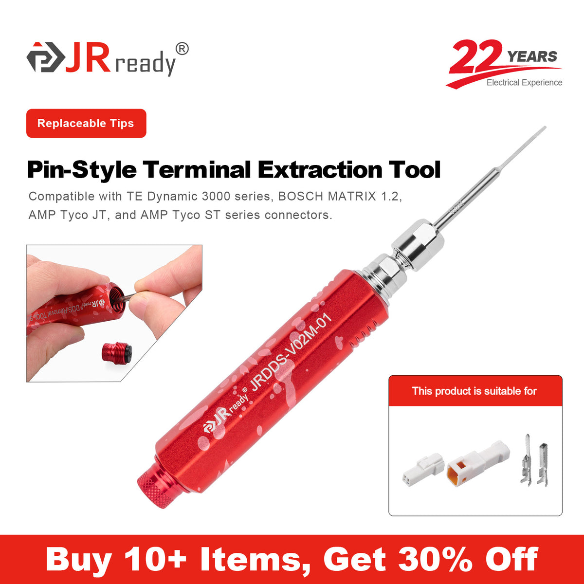 JRready JRDDS-V02M-01/ JRDDS-V02M-03 Pin-Style Terminal Extraction Tool for various small single-spring terminals or internal spring terminals