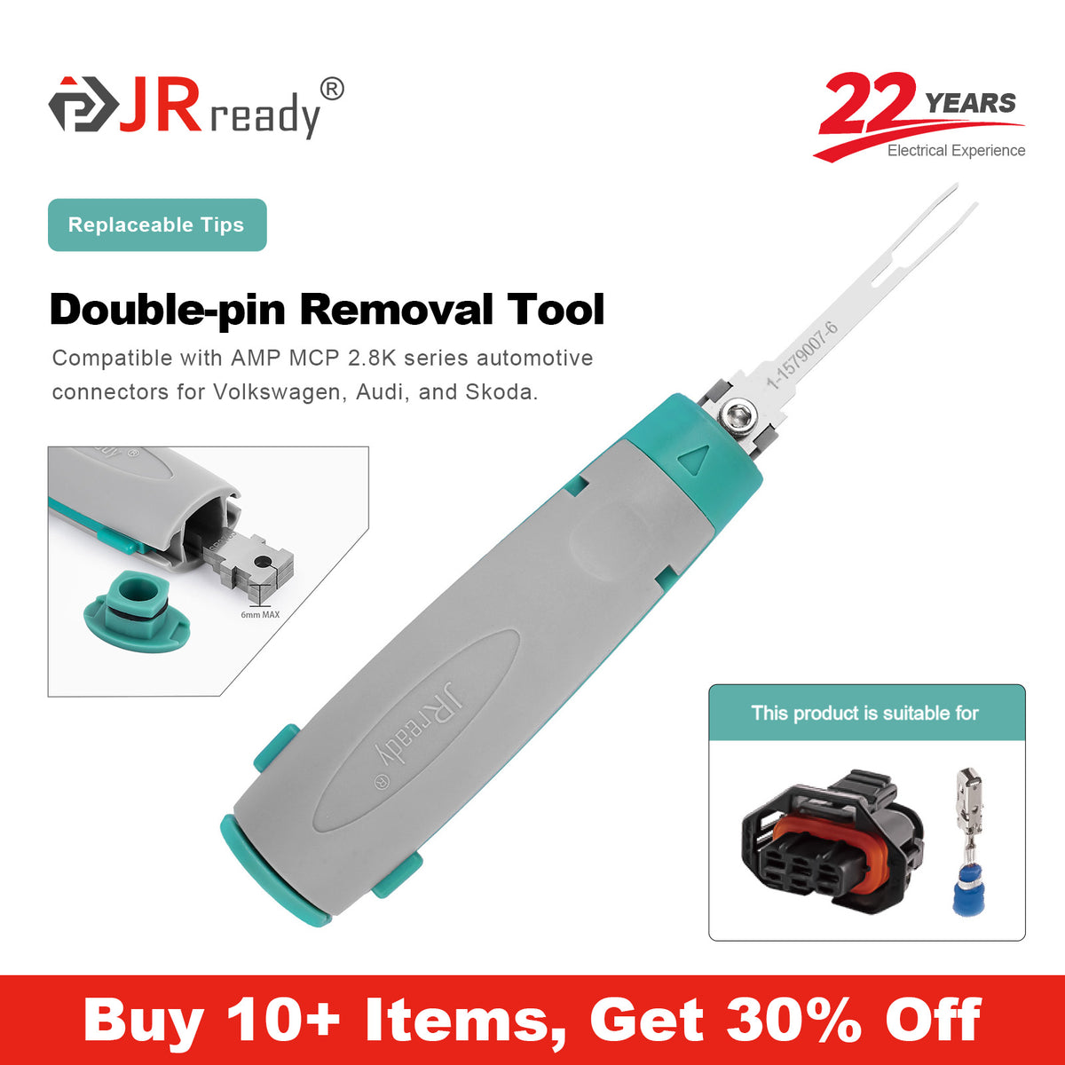 JRready JRconDRK-1-1579007-6 Dual-Pin Terminal Extraction Tool for AMP MCP 2.8k series connectors in VW, Audi, Skoda automotive applications