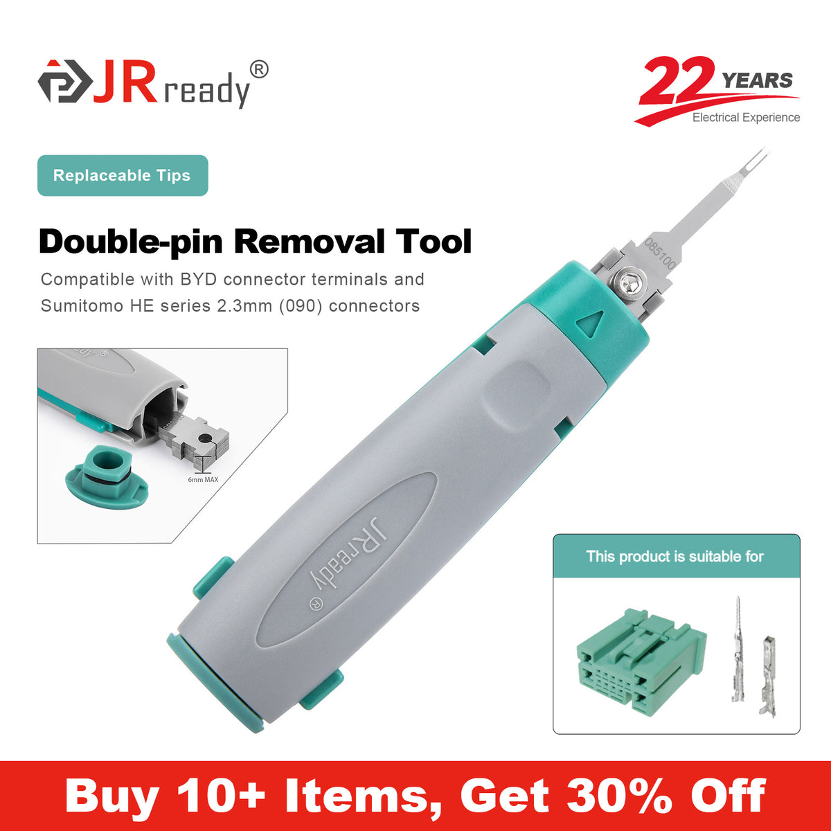 JRready JRconDRK-D085100 Dual-Pin Extraction Tool for BYD and Sumitomo Connectors, within Automotive and Industrial Applications