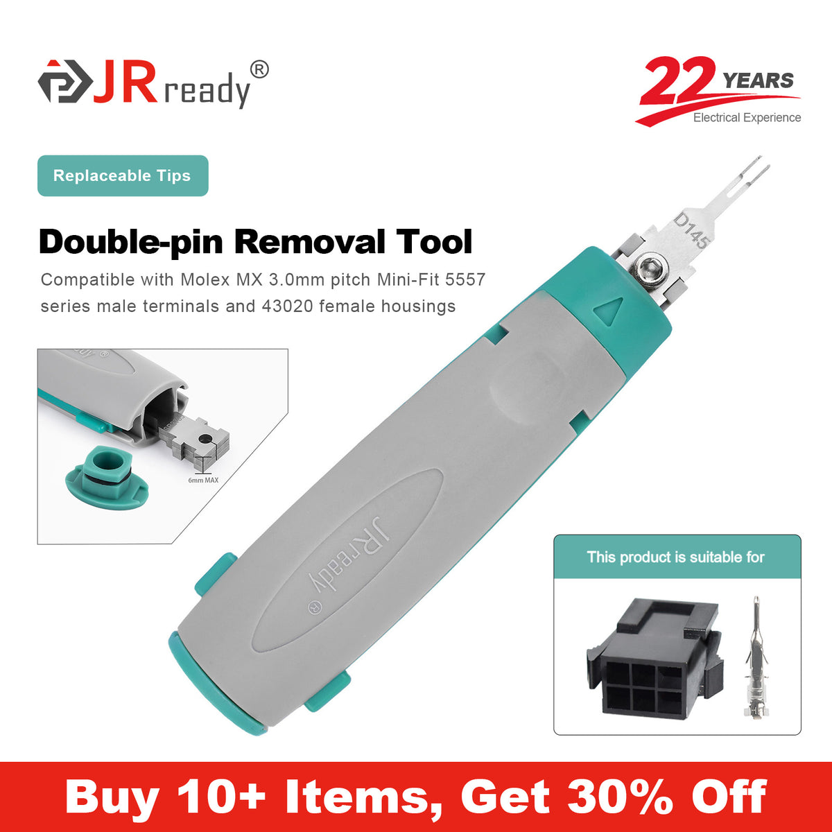 JRready JRconDRK-D145 Extraction Tool for Molex MX3.0mm pitch small 5557 series male terminal, 43020 female housing