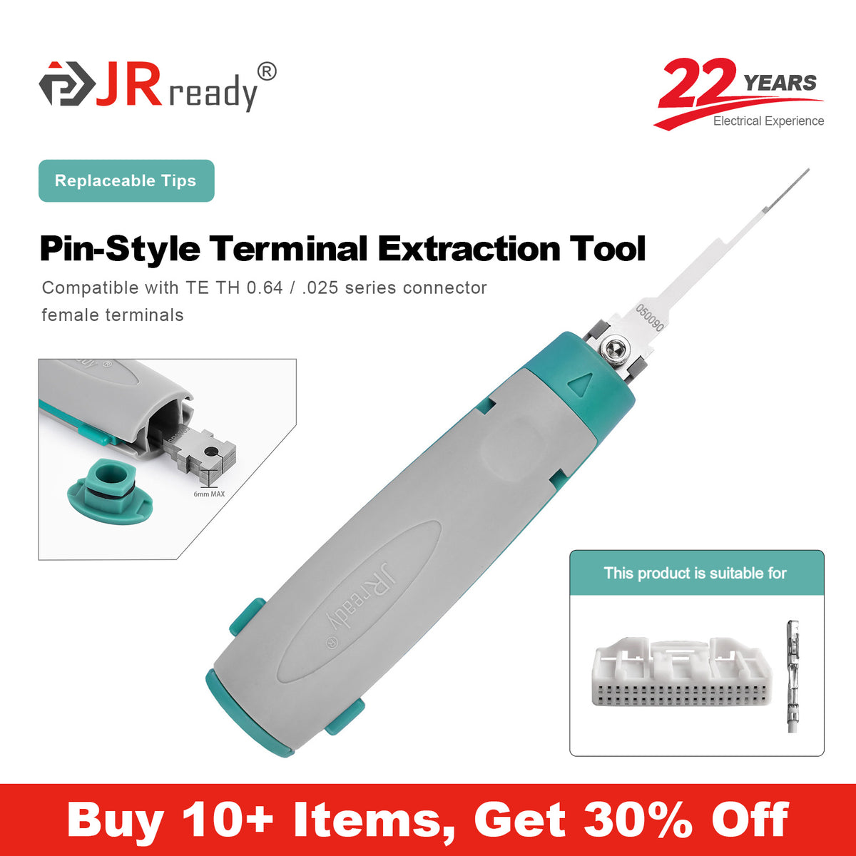 JRready JRconDRK-N050090 Single-Pin Terminal Extraction Tool for automotive ECU/display device connectors, TH.025 series connectors, and china domestic DJ1.8 series automotive connectors