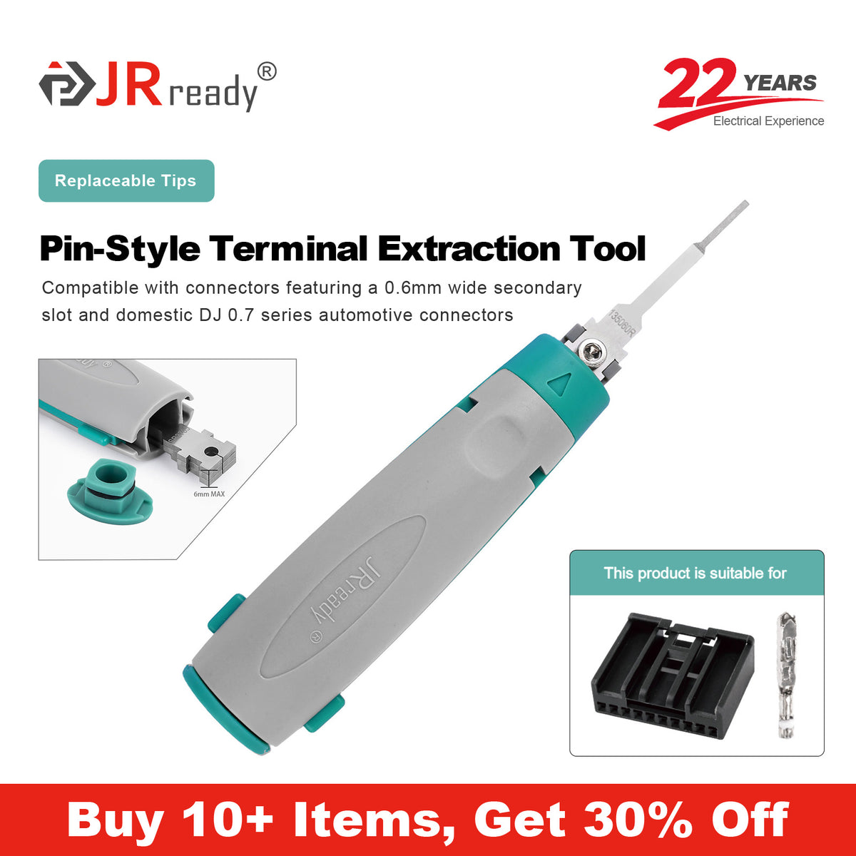 JRready JRconDRK-N135060R Single-Pin Terminal Extraction Tool for 0.6mm wide secondary slot flat-slot connectors and China Domestic DJ0.7 series automotive connectors.