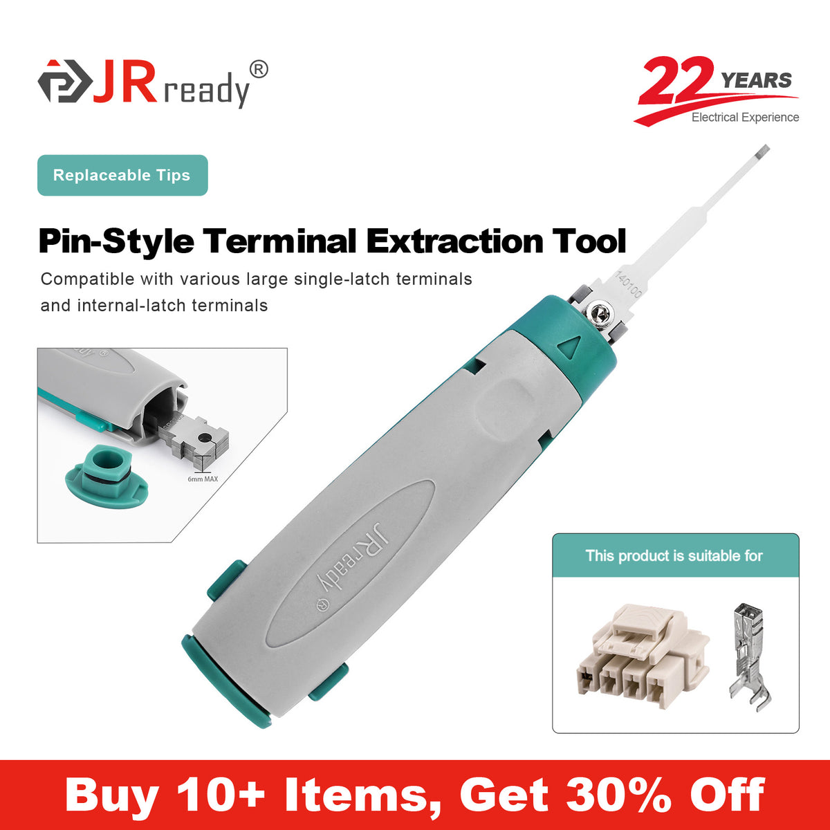 JRready JRconDRK-N140100 Terminal Extraction Tool for various large single-spring terminals and internal spring contacts.