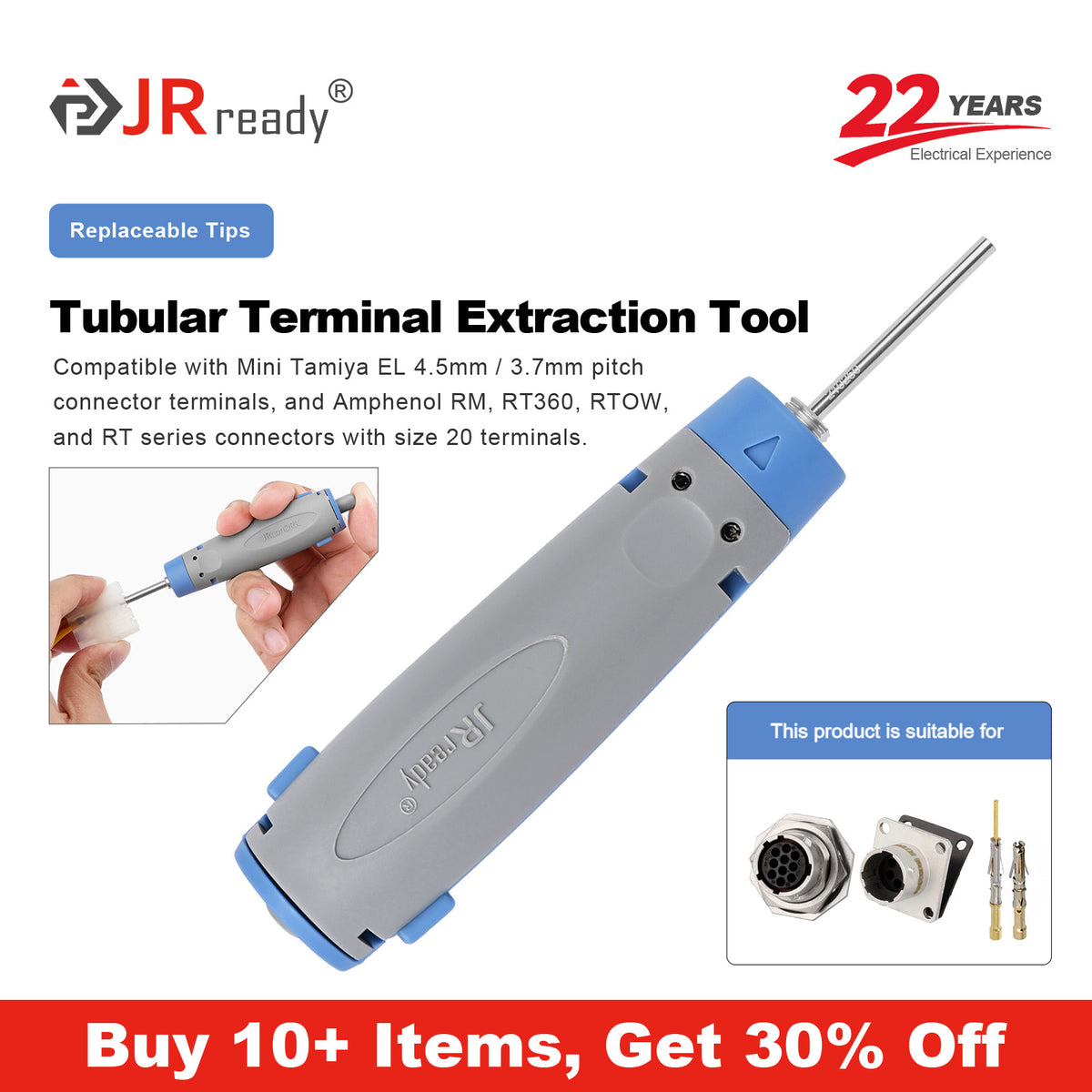JRready JRconDRK-T210250 Strumento di estrazione pin per terminali connettori Tamiya Mini EL passo 4,5 mm/3,7 mm; terminali Amphenol 20# di connettori RM, RT360, RTOW, RT