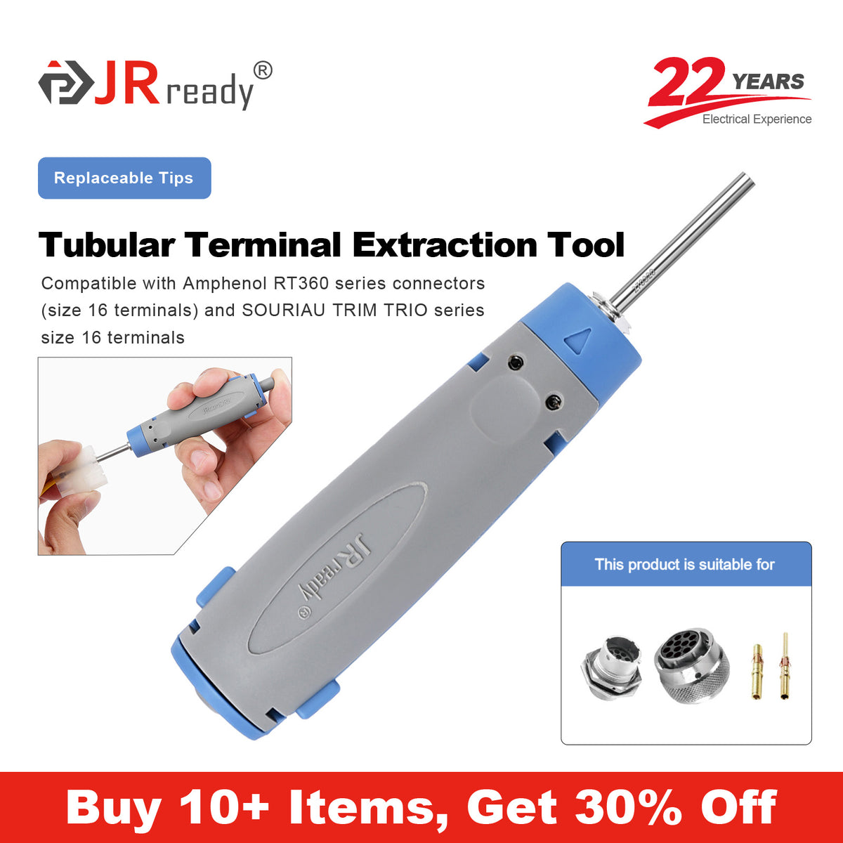 JRready JRconDRK-T270320 Terminal Extraction Tool for 16# Terminals of Amphenol RT360 series & SOURIAU TRIM TRIO series Connectors