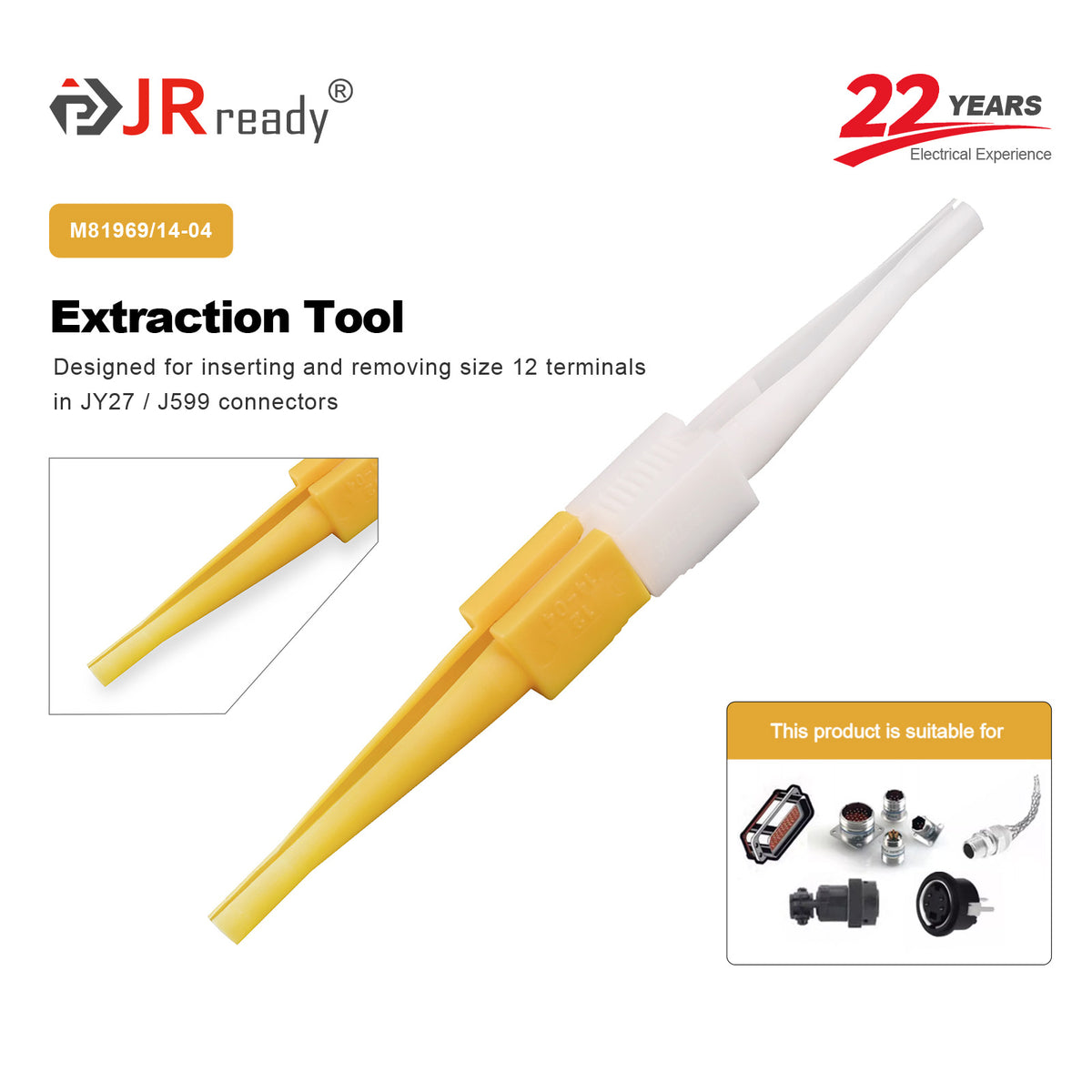 JRready M81969/14-04 12#A Terminal Extraction Tool for JY27 J599 MIL-C-38999 Series I II III Connectors, used in Avionics & Defense Ground Systems Maintenance