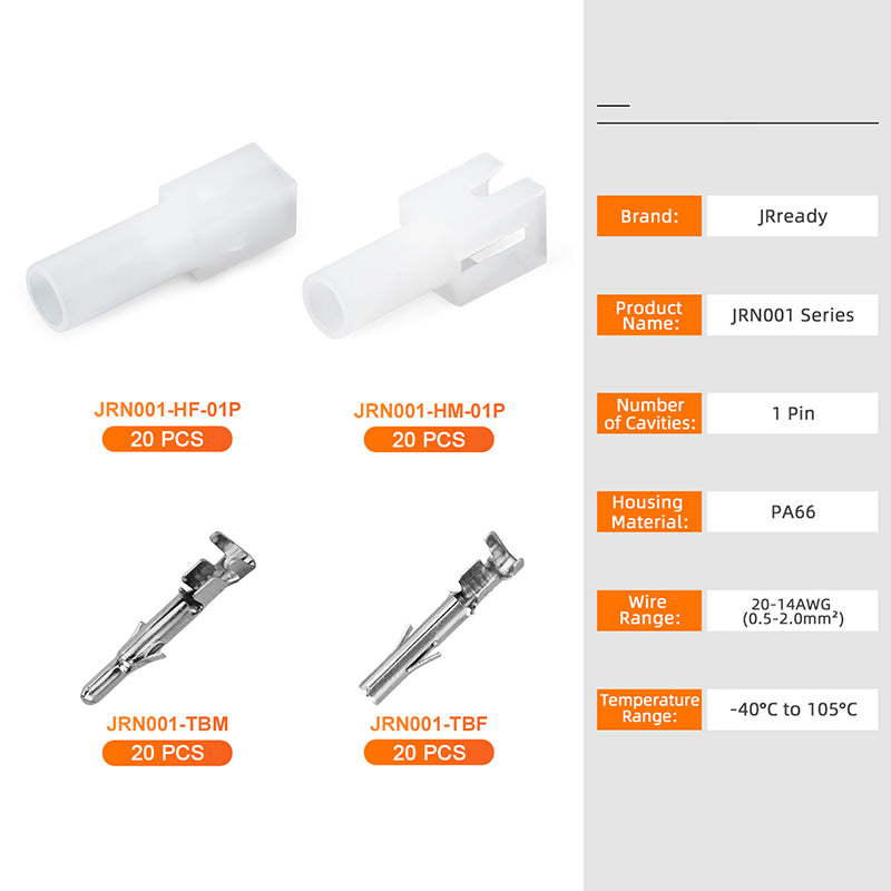 JRready MOLEX Connector JRN001 1 Pin (20Matched Sets), 2.13mm Diameter Sockets 14-20 AWG, Compatible with Molex MLX Power Connector, 6.35mm Pitch, Free Hanging(20 sets）