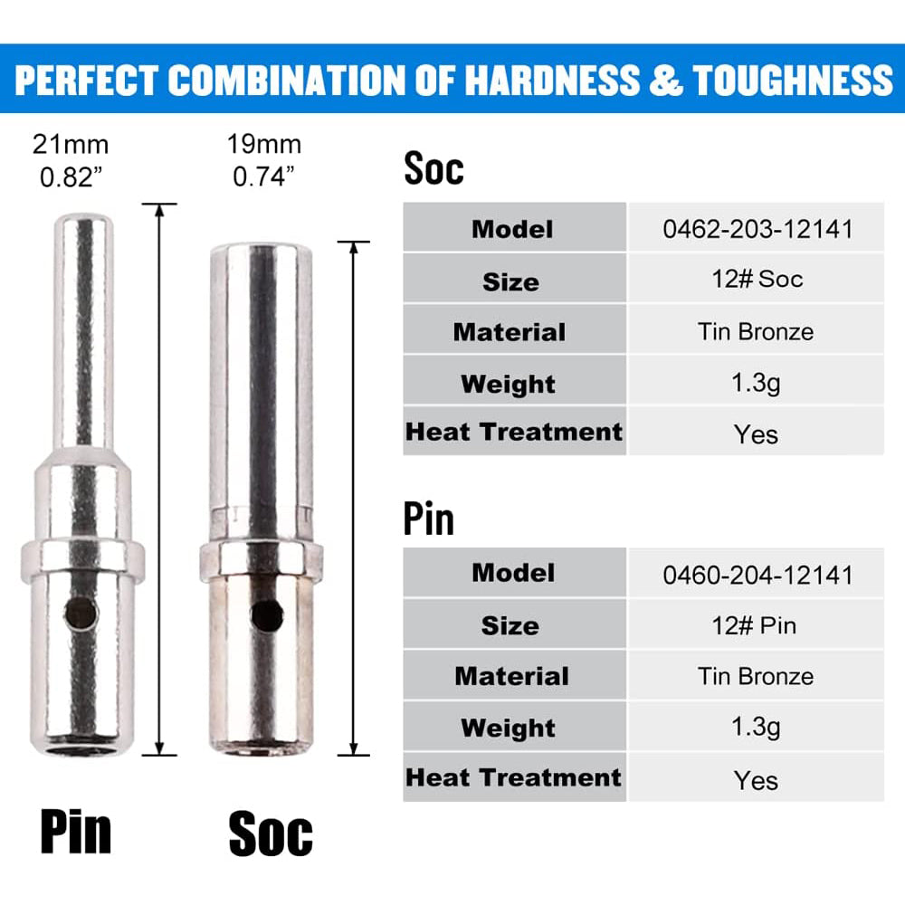 JRready ST6280 Deutsch DTP Connector Solid Pins Kit, Solid Contact Pins Size 12, Male Deutsch DTP Pins 0460-204-12141 12 Gauge Deutsch Pins/Female Sockets Deutsch 0462-203-12141,Wire Gauge 12-16 AWG,  40 Pairs