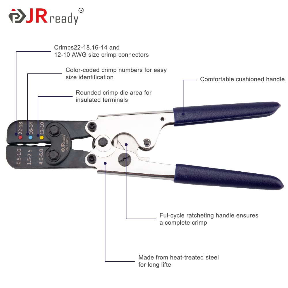 JRready ACT-AD10 Ratschen-Crimpzange für Schrumpfverbinder, isolierte Kabelschuhe und Stoßverbinder in Drähten der Querschnitte 22-18, 16-14, 12-10 AWG
