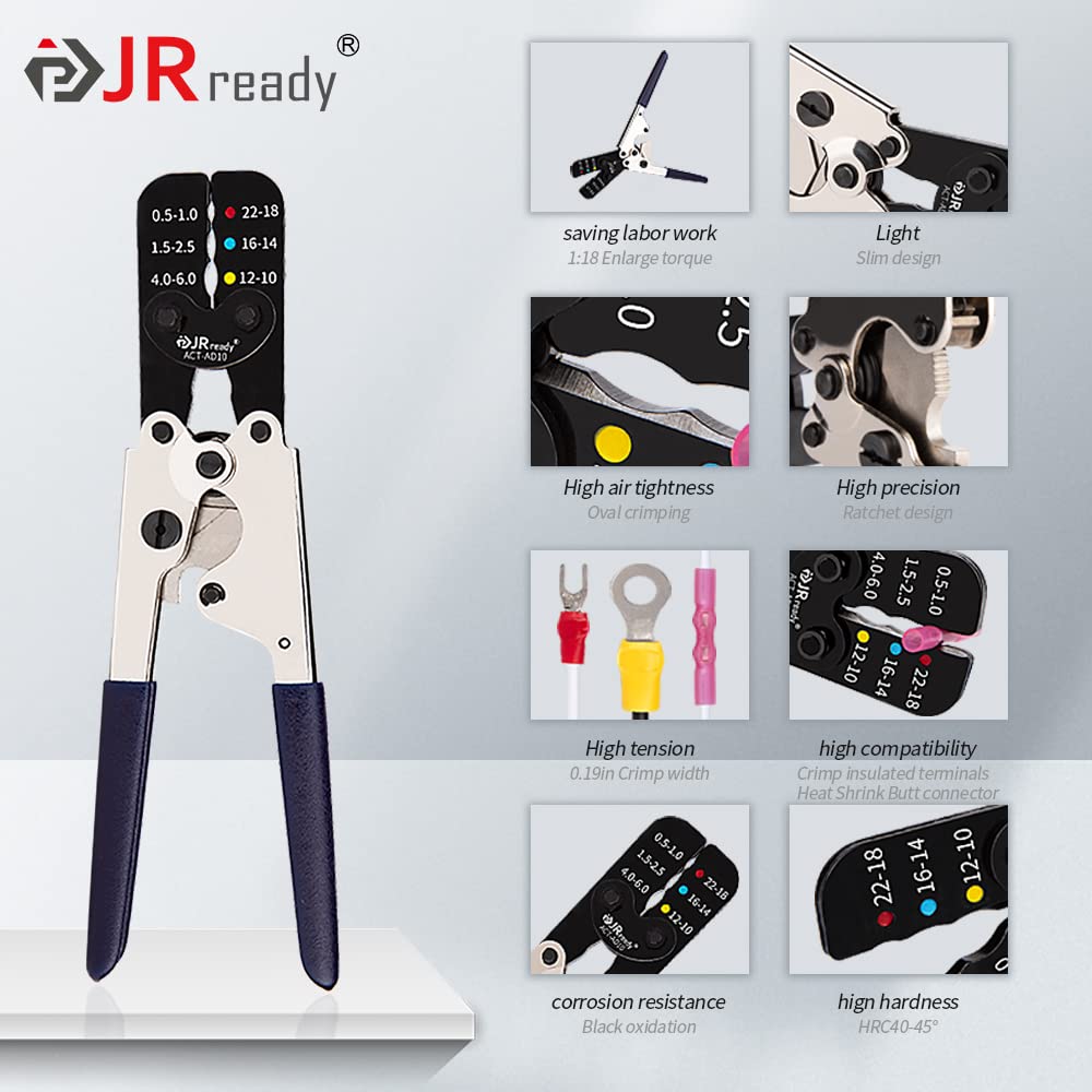 JRready ACT-AD10 Ratschen-Crimpzange für Schrumpfverbinder, isolierte Kabelschuhe und Stoßverbinder in Drähten der Querschnitte 22-18, 16-14, 12-10 AWG