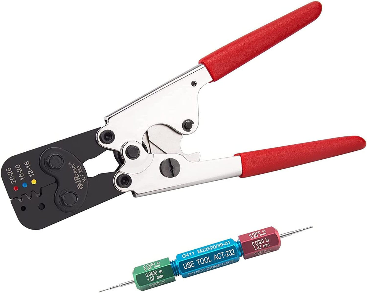 JRready Crimpwerkzeug-Set: ACT-232 (ROT) (M22520/37-01 AD-1377) Crimpwerkzeug &amp; G411 Lehre (M22520/39-01) zum Crimpen von wärmeschrumpfenden M81824/1,6,7,8,9,10,11,13,14-Verbindungen