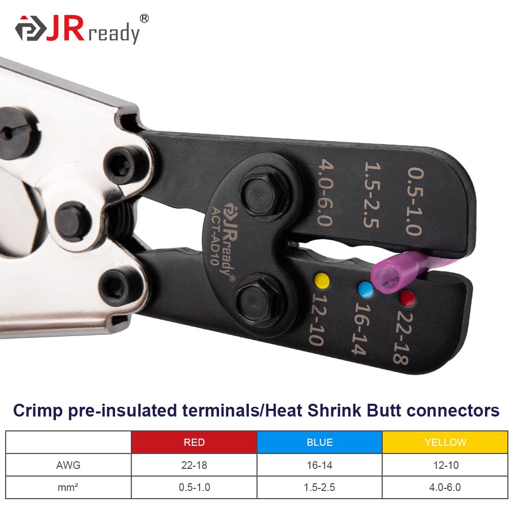 JRready ACT-AD10 Ratschen-Crimpzange für Schrumpfverbinder, isolierte Kabelschuhe und Stoßverbinder in Drähten der Querschnitte 22-18, 16-14, 12-10 AWG