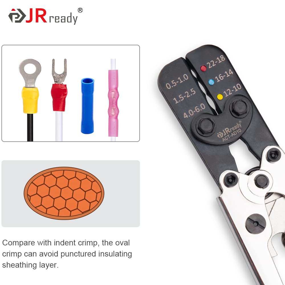 JRready ACT-AD10 Ratschen-Crimpzange für Schrumpfverbinder, isolierte Kabelschuhe und Stoßverbinder in Drähten der Querschnitte 22-18, 16-14, 12-10 AWG