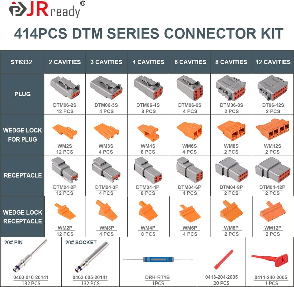 JRready ST6332 414PCS Deutsch DTM Connector Kit in 2, 3, 4, 6, 8, 12 Pin Gray Waterproof DTM Wire Connectors, Size 20 Solid Contacts Wire
