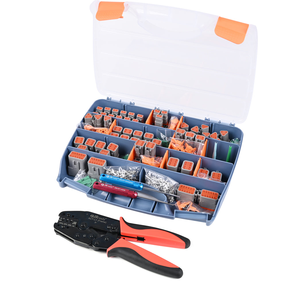 JRready ST6303 521 PCS DT Deutsch Connector Kit with Deutsch Crimper ACT-LY-16DT, 2-12Pin Terminal Connectors with Stamped Contacts Size 16 & DT Connector Removal Tool